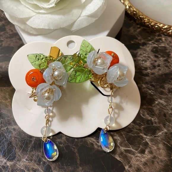 Tropical Orange Fruit Flower Drop Hair Clips - Picture 6 of 10